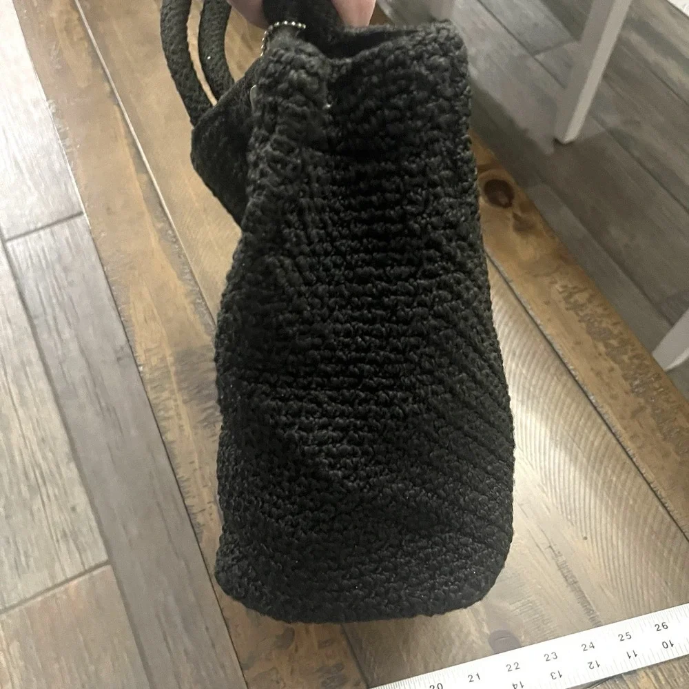 The Sak Purse‎ Hobo Crochet Woven Shoulder Bag Black Double Strap Zip Logo FOB